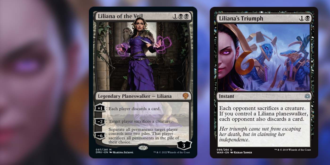 Liliana of the Veil and Liliana's Triumph MTG cards side-by-side