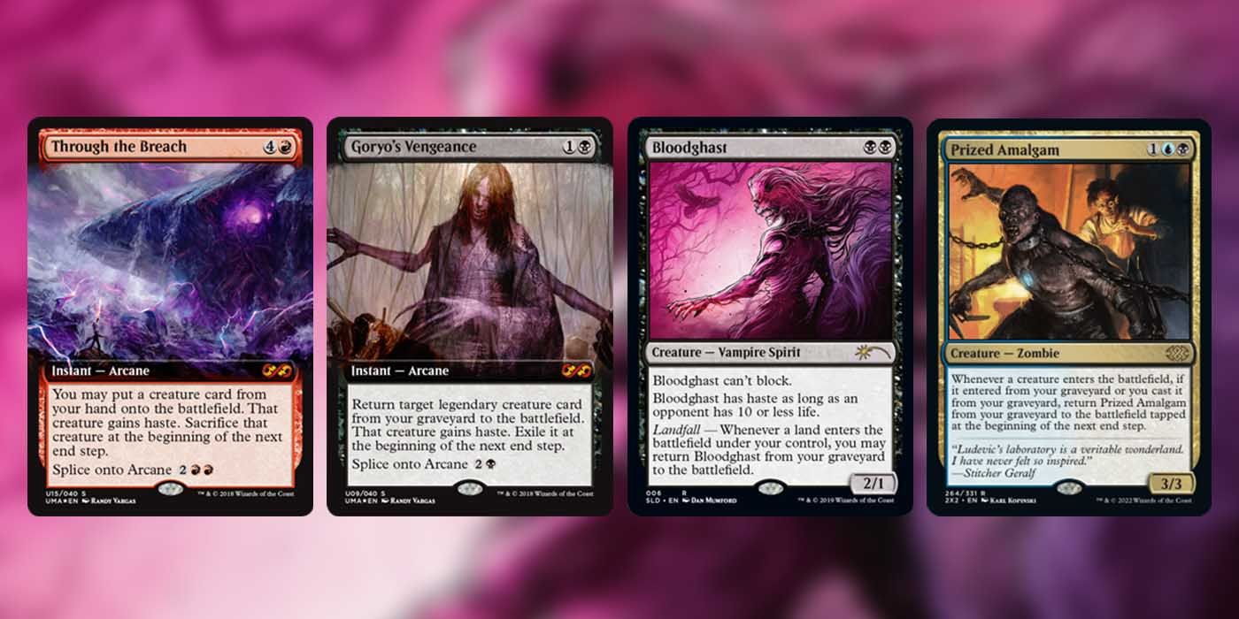 Magic the Gathering cards Through the Breach, Goryo's Vengeance, Bloodghast and Prized Amalgam