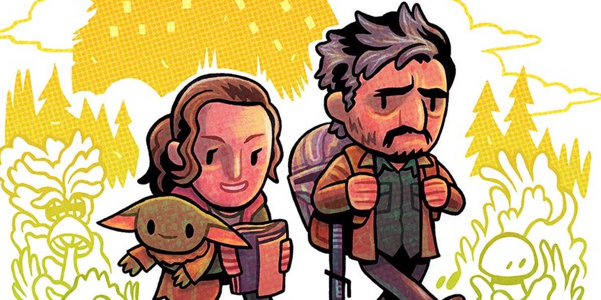 Cartoon version of Ellie from Last of Us holding Grogu and smiling and Joel with Mandalorian helmet and darksaber