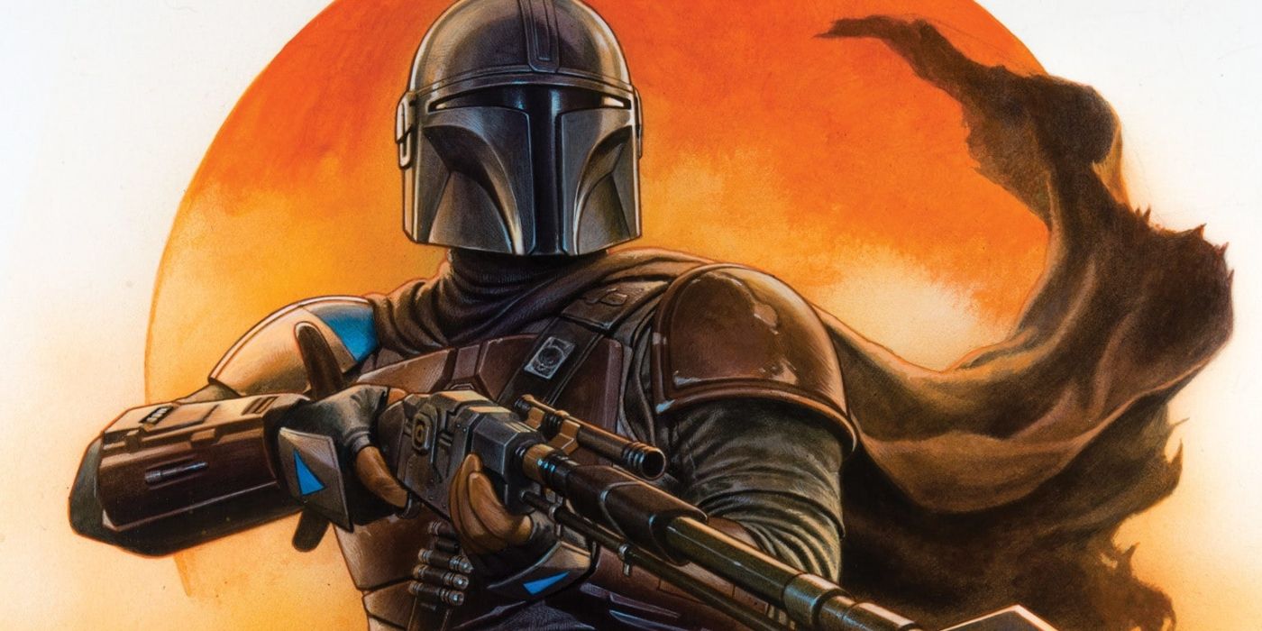 Mando com um blaster na história em quadrinhos Mandalorian