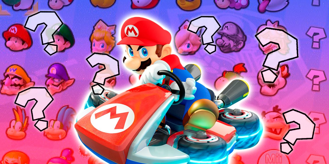 Image de Mario Kart 8 Deluxe avec Mario et des points d'interrogation pour les autres personnages
