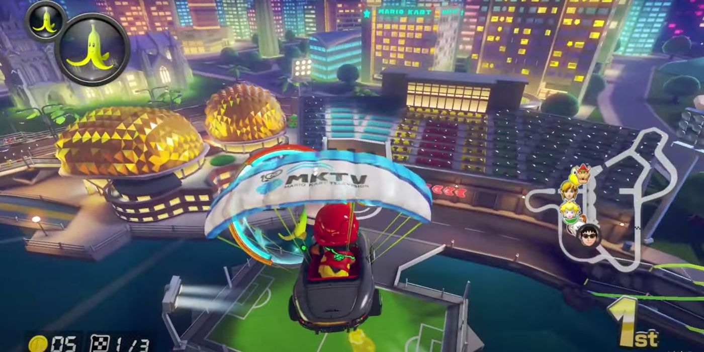 Mario voa pelo Singapore Speedway em Mario Kart 8.