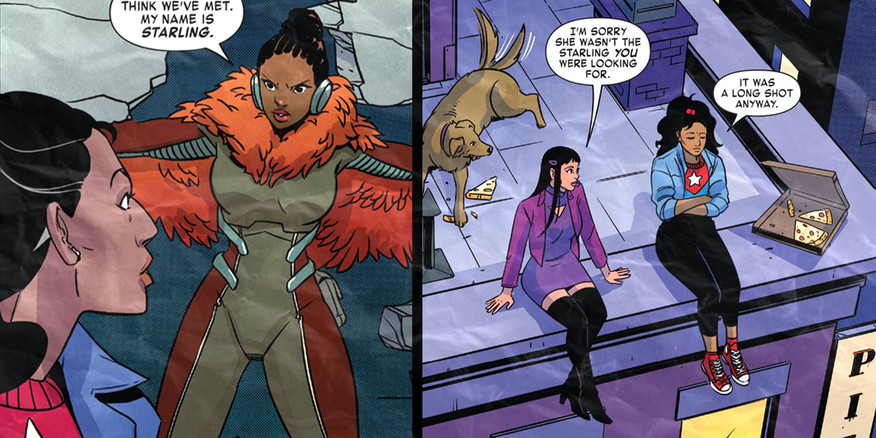 On the left, America Chavez meets Starling for the first time. On the right, Kate Bishop eats pizza with America while sitting on the edge of a building.