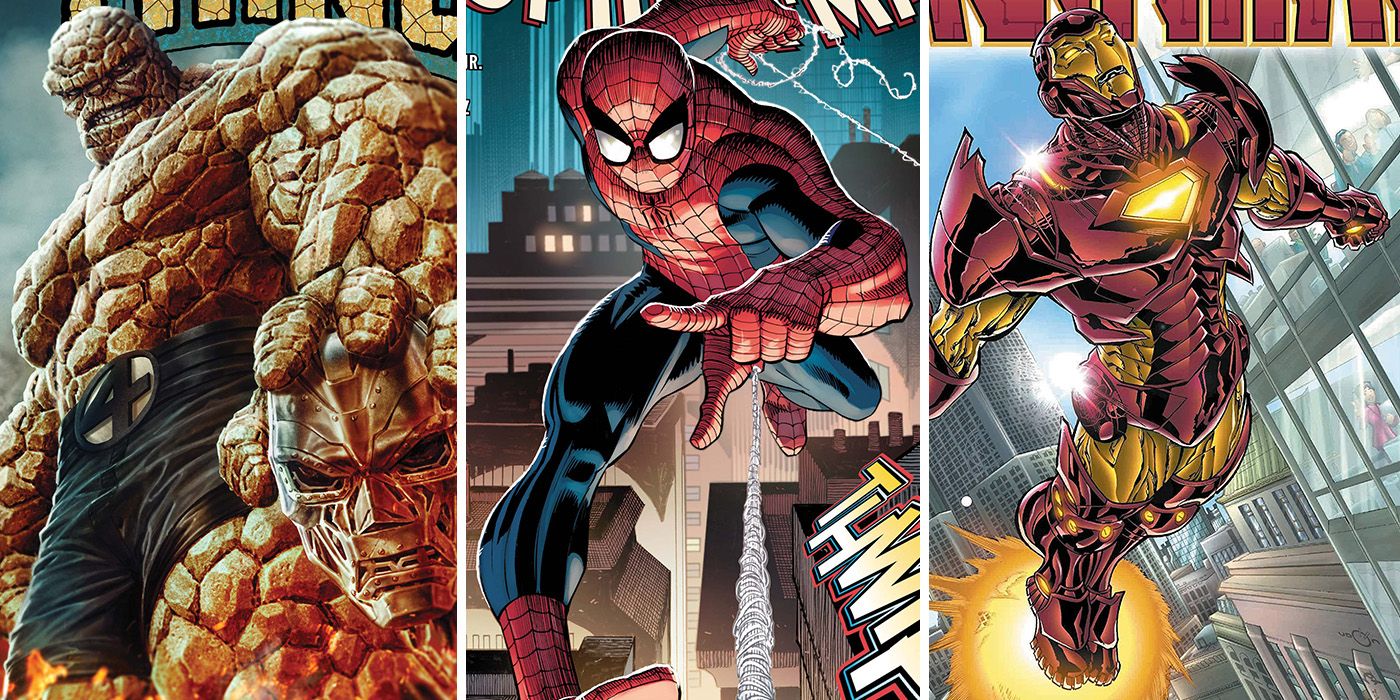 split image of Thing holding Doctor Doom's mask, Spider-Man shooting webs and Iron Man flying in their solo comic titles