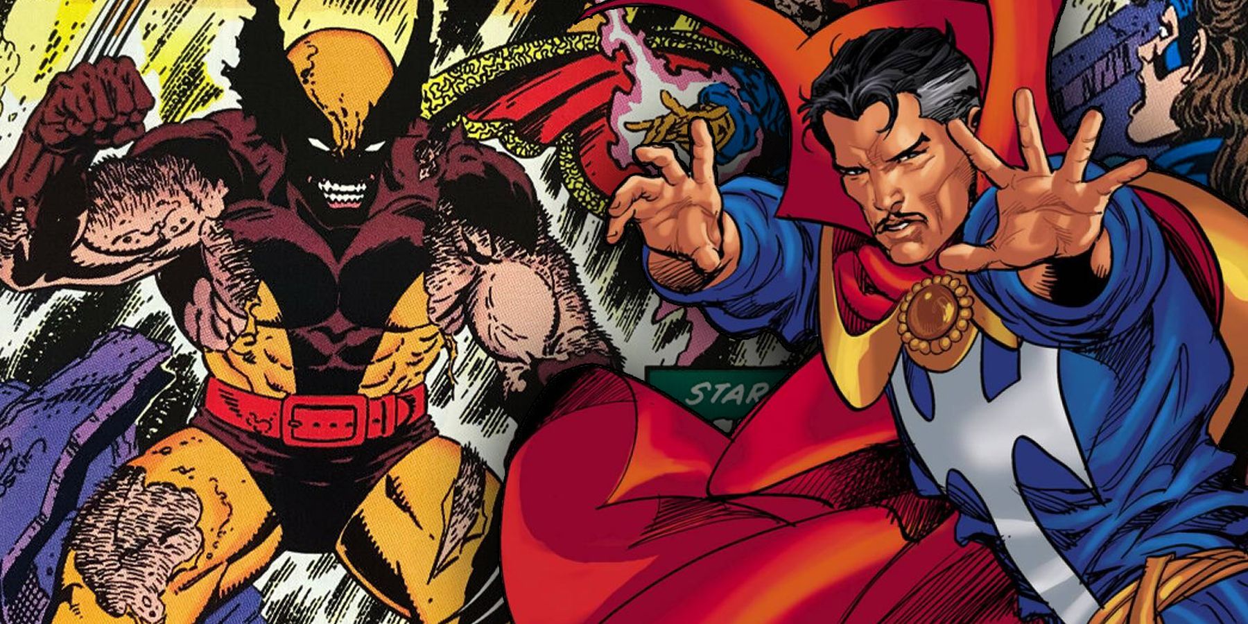 An angry Wolverine is ready to fight, with Doctor Strange posing in the foreground.
