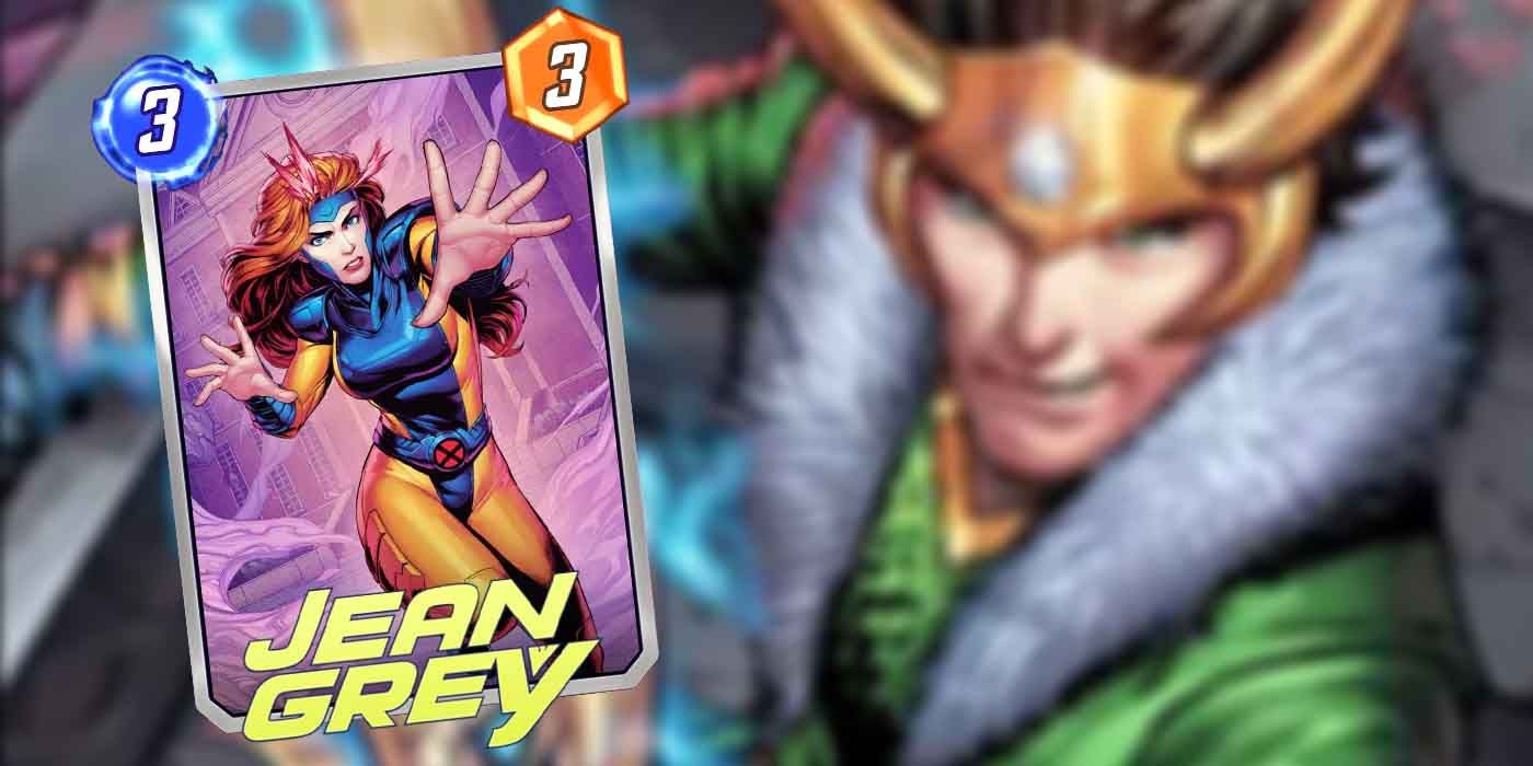 Cartão inédito Marvel Snap Jean Grey sobre o fundo da arte de Loki