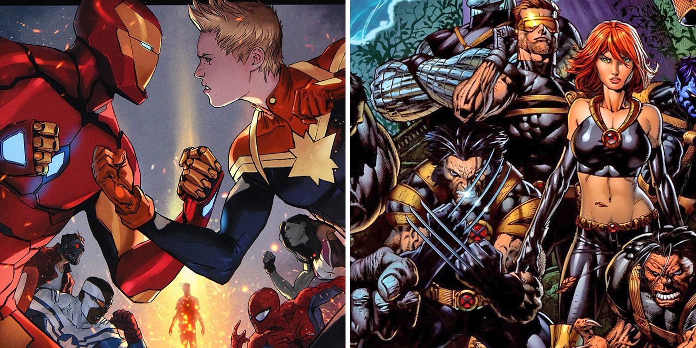 split image of Iron Man vs Captain Marvel in Civil War II and the X-Men in Ultimatum comics