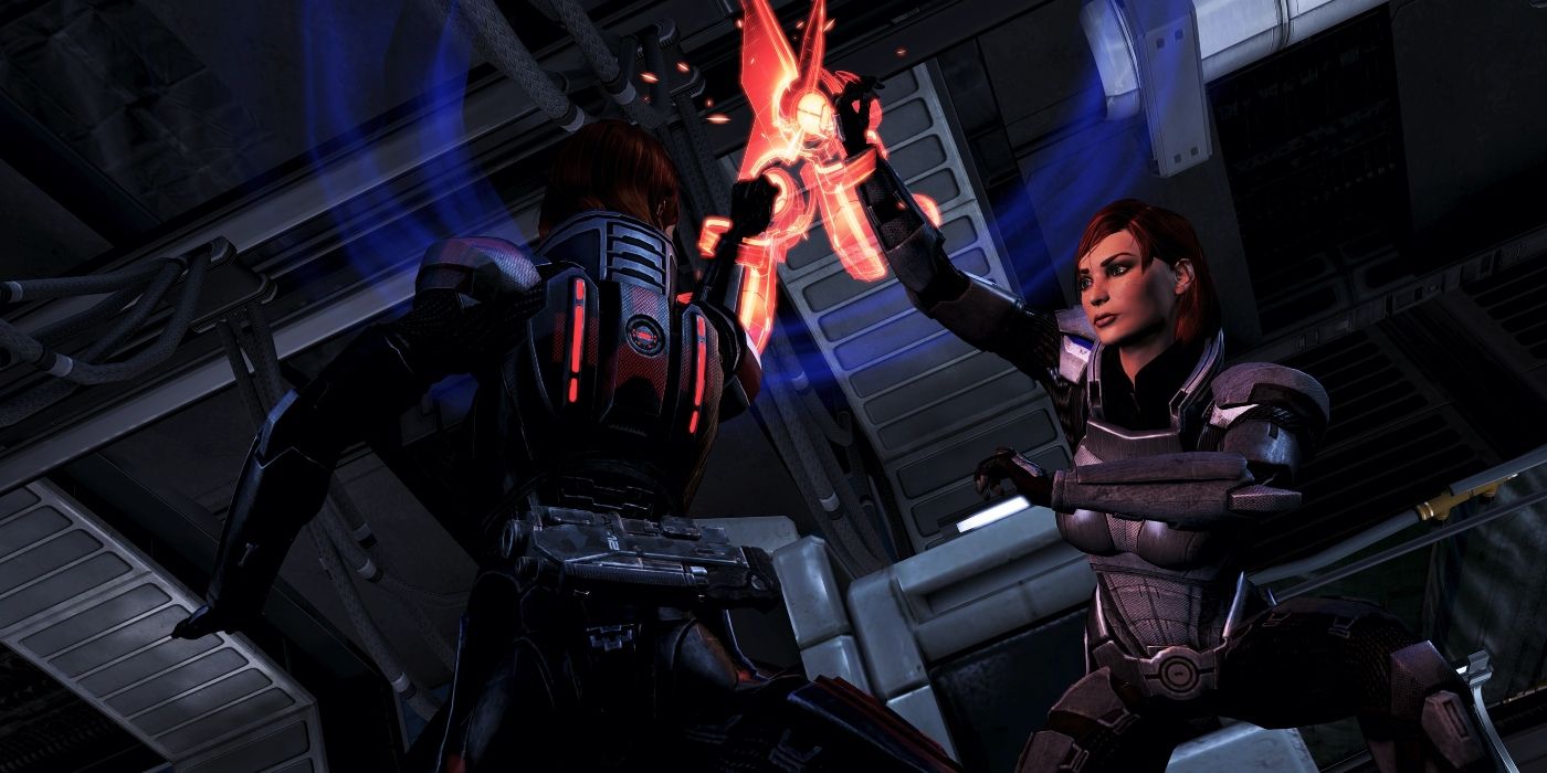 Comandante Shepard duelando com seu clone com uma omni-blade em Mass Effect 3