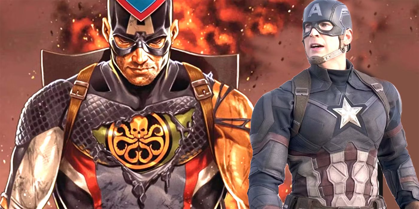 A collage of Hydra Supreme Captain America juxtaposed with Chris Evans' Captain America in the MCU.