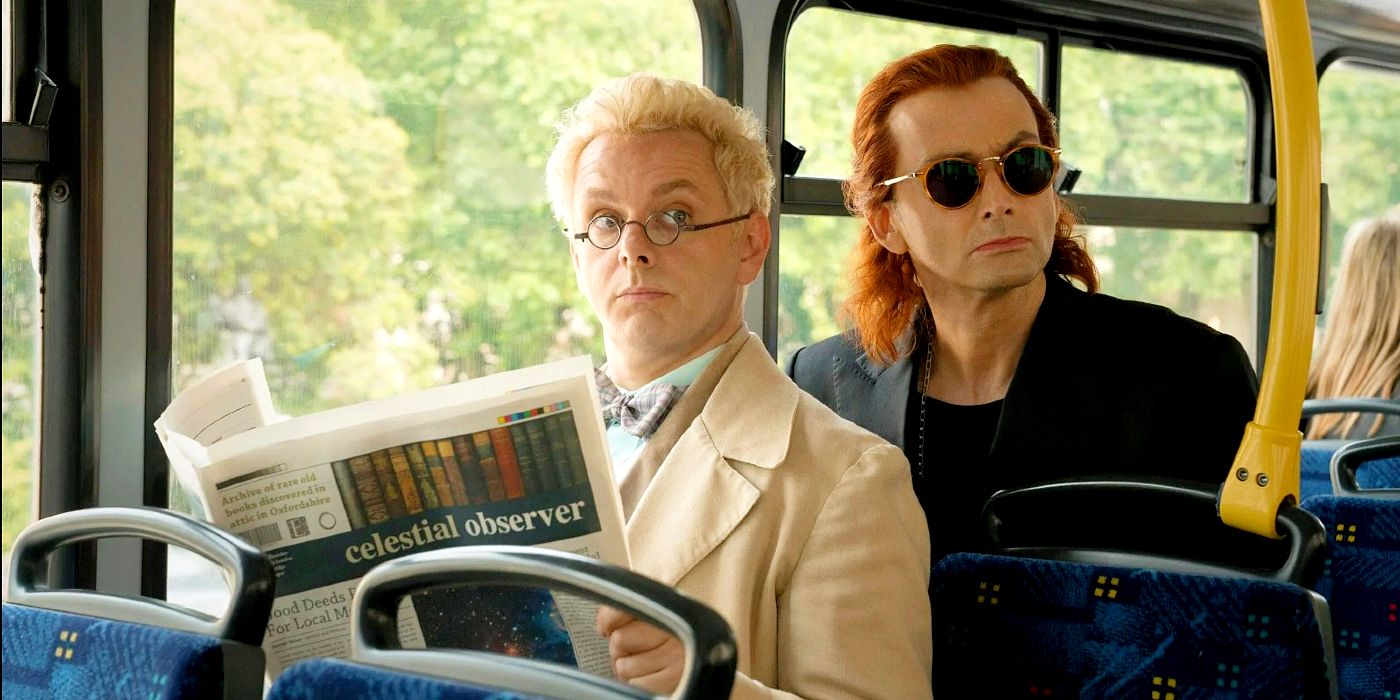 Michael Sheen and David Tennant on a bus in Good Omens.