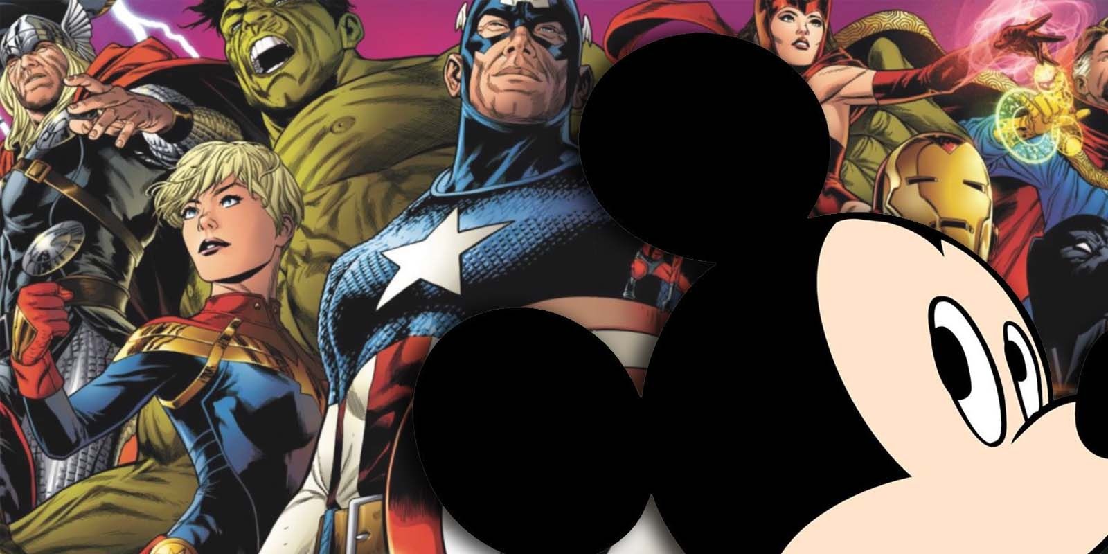 Mickey Mouse head looks back at Avengers comic book art