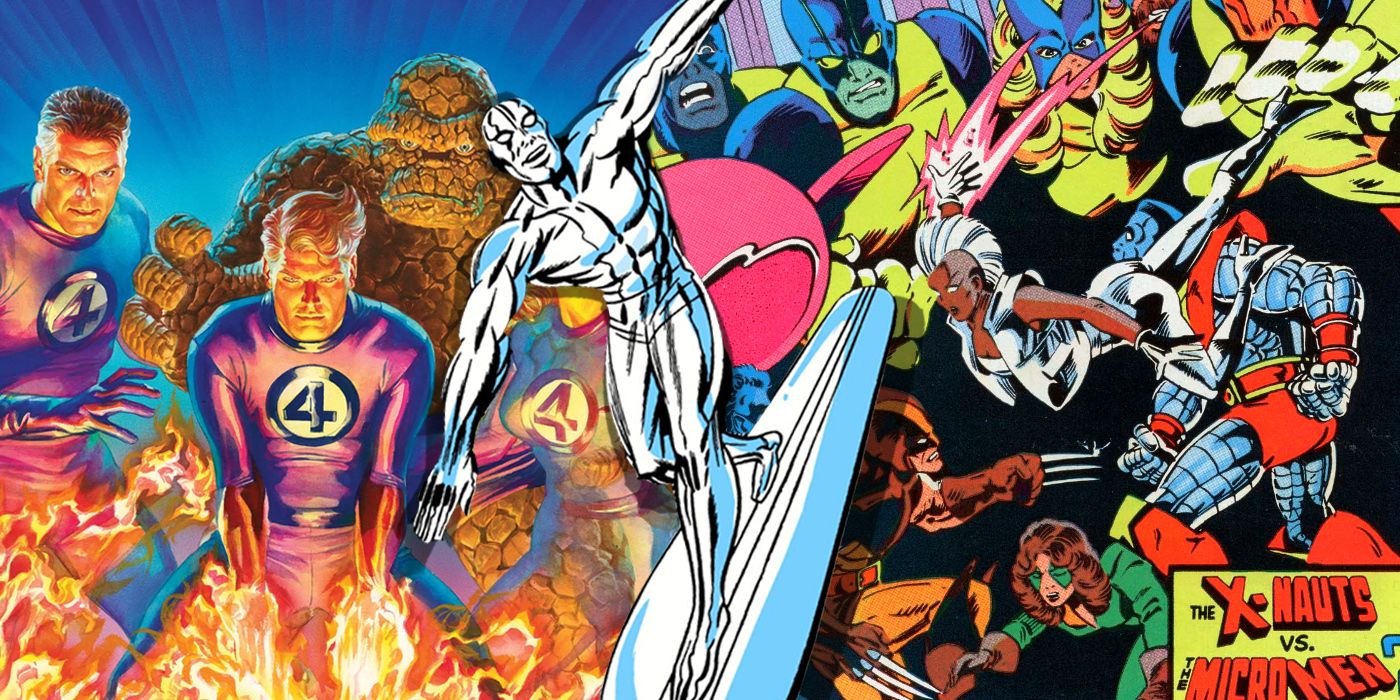 Collage of Marvel's Silver Surfer, Fantastic Four, and X-Men in the microverse