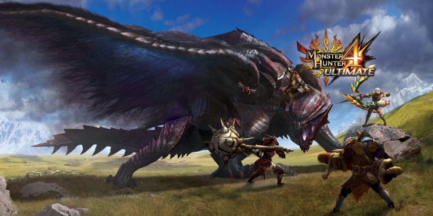 Arte-chave de Monster Hunter 4 Ultimate apresentando uma equipe de caçadores lutando contra um Gore Magala.