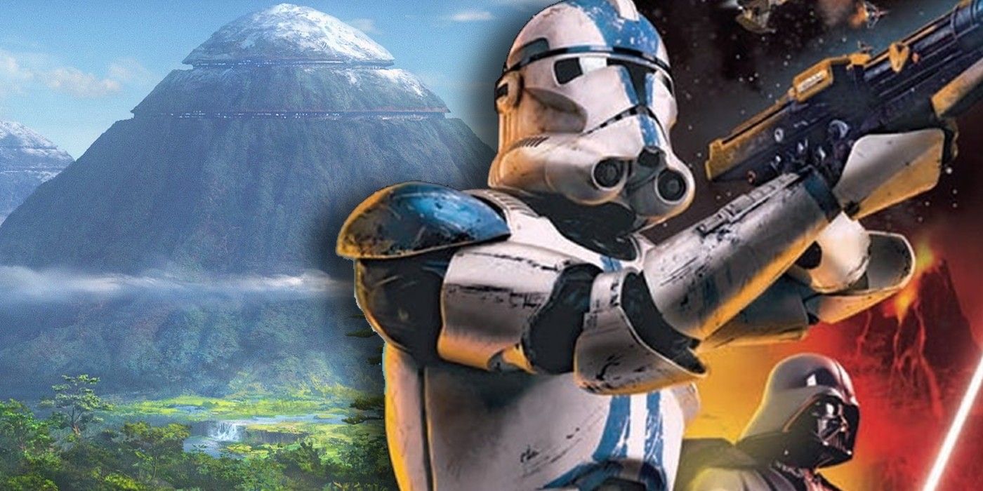 Star Wars' Mount Tantiss alongside the cover for the Battlefront II