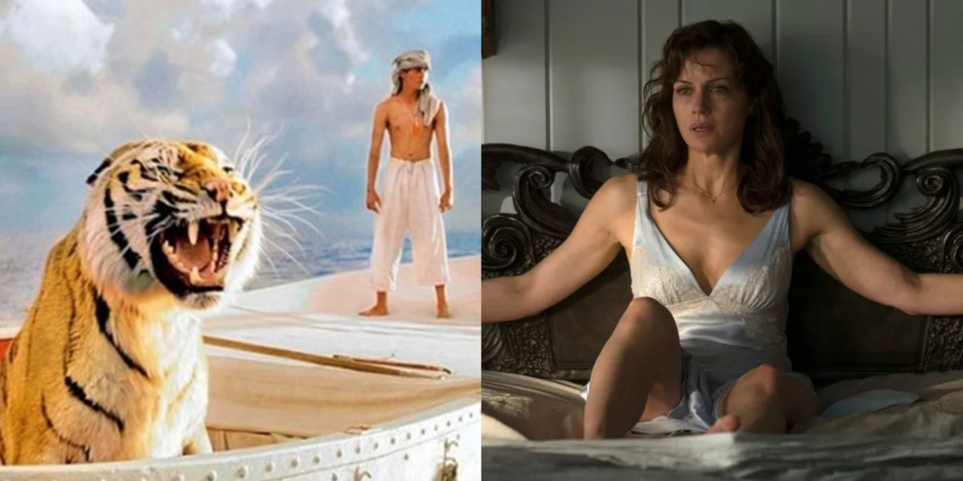 Pi standing on a boat with a tiger roaring in Life of Pi and Jessica sitting on a bed in Gerald's Game. 