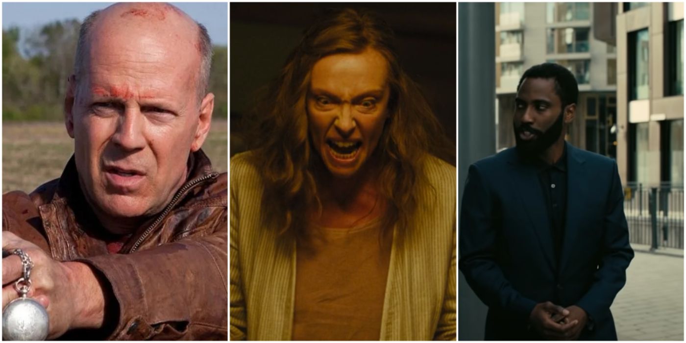 A split image showing Bruce Willis in Looper, Toni Collete in Hereditary, and the Protagonist in Tenet