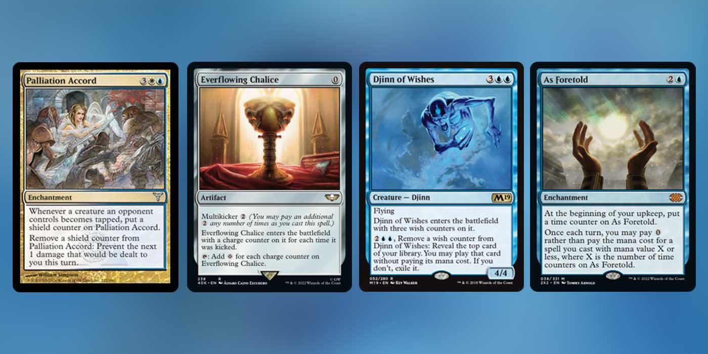 Cartas MTG com contadores - Palliation Accord, Everflowing Chalice, Djinn, As Foretold