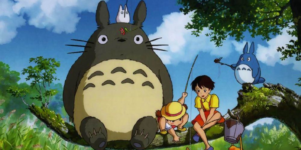 Totoro and children fish from a tree branch in Ghibli's My Neighbor Totoro