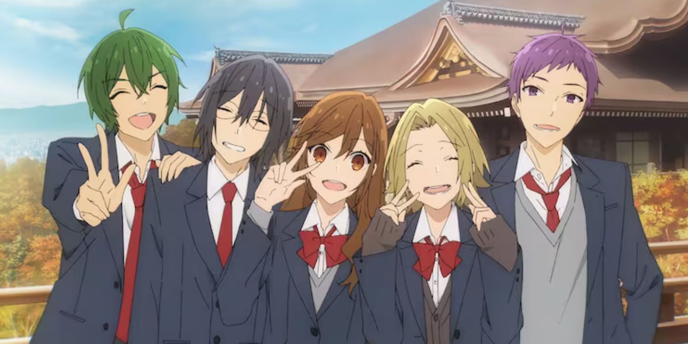 Group photo of Hori, Miyamura, Yuki, Tooru, and Iura in Kyoto from Horimiya.
