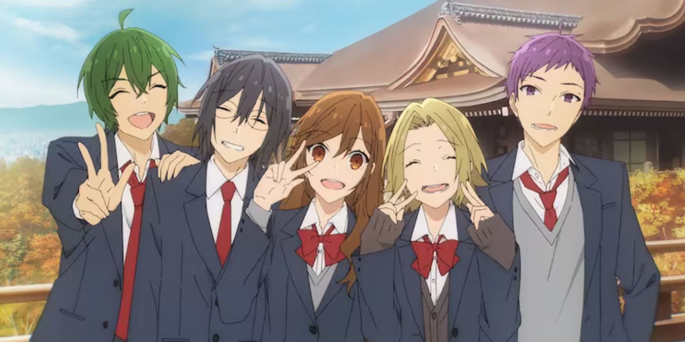 The group photo shows Hori, Miyamura, Yuki, Tooru and Iura in Kyoto from Horimiya.