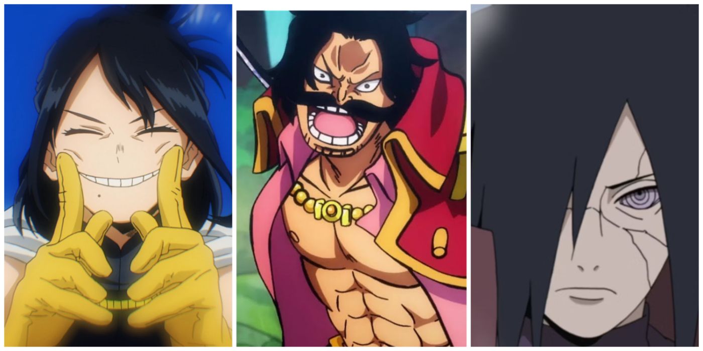 Nana from My Hero Academia, Roger from One Piece, and Madara from Naruto split image.