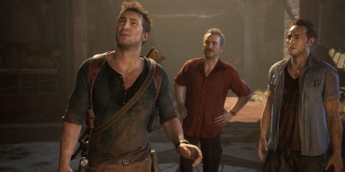 Nathan Drake, Sully, and Sam Drake take in a ruined interior in Uncharted 4 A Thief's End for PS5