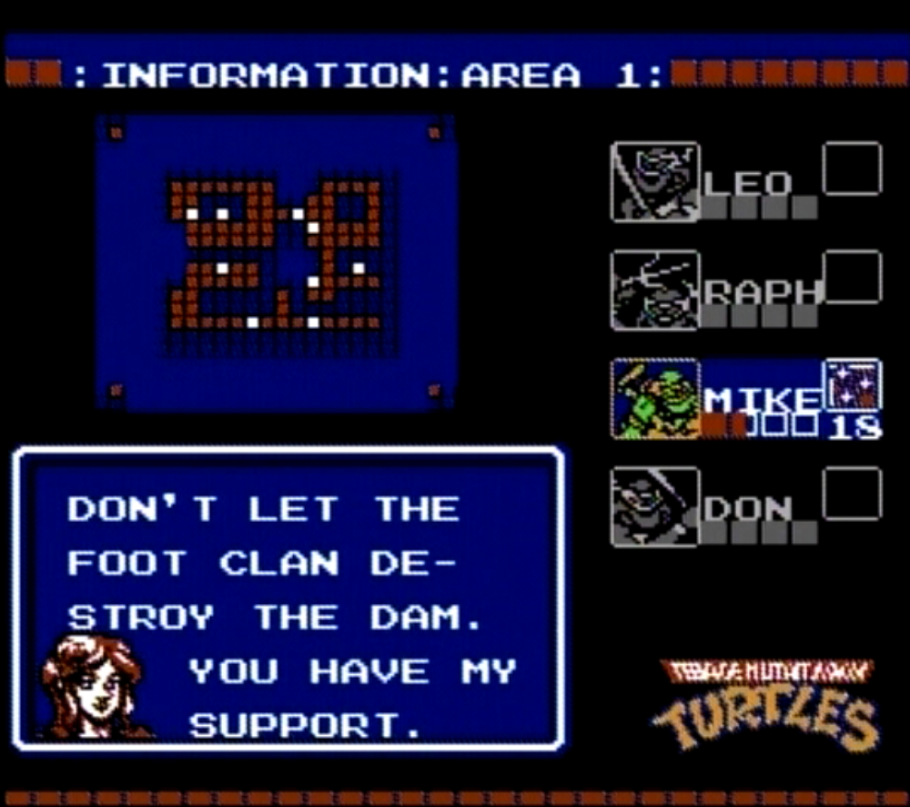 April offering the player advice in 1989's TMNT NES game.