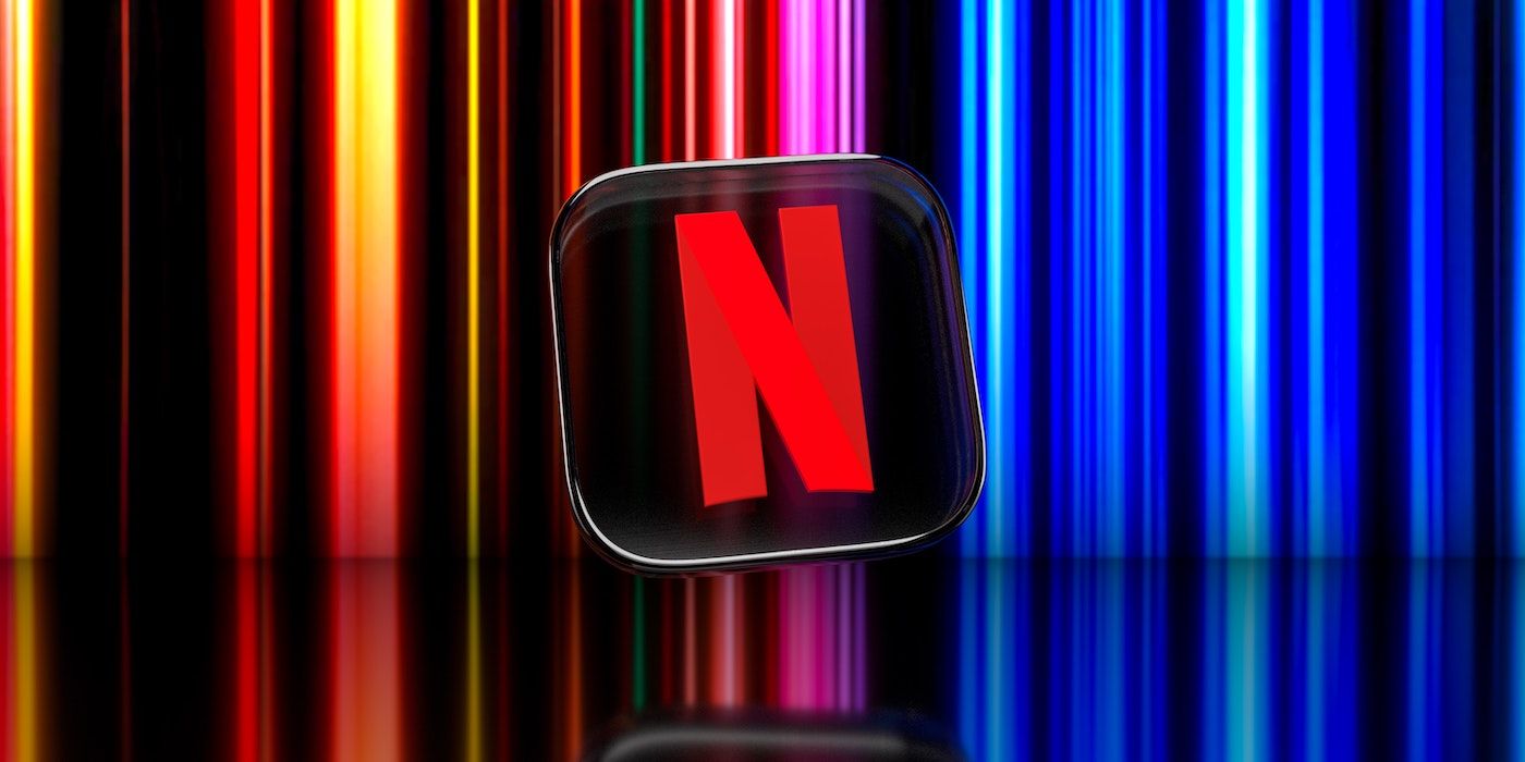 Netflix logo in app square floating in front of colorful vertical lines.