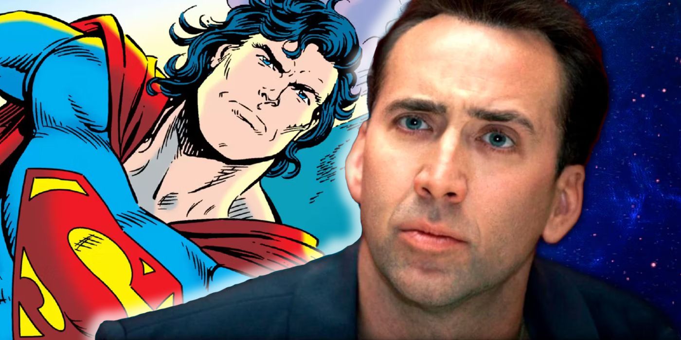 Image of Nicolas Cage alongside the longer-hair '90s Superman.