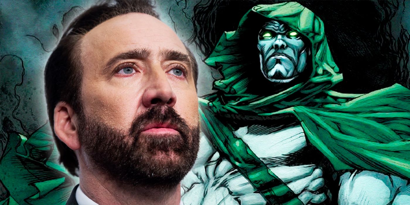 Nicolas Cage next to an image of The Spectre from DC Comics