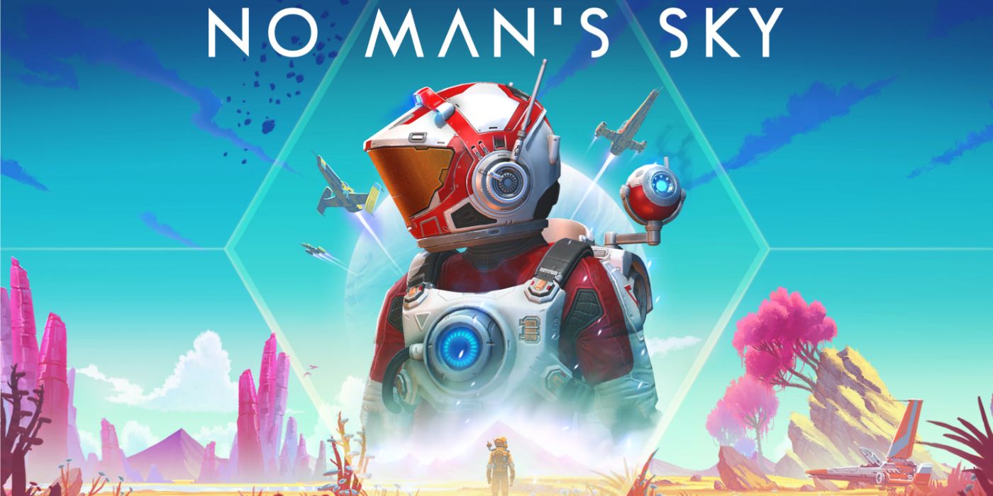No Man's Sky promo art featuring a vibrant alien planet and a space explorer.