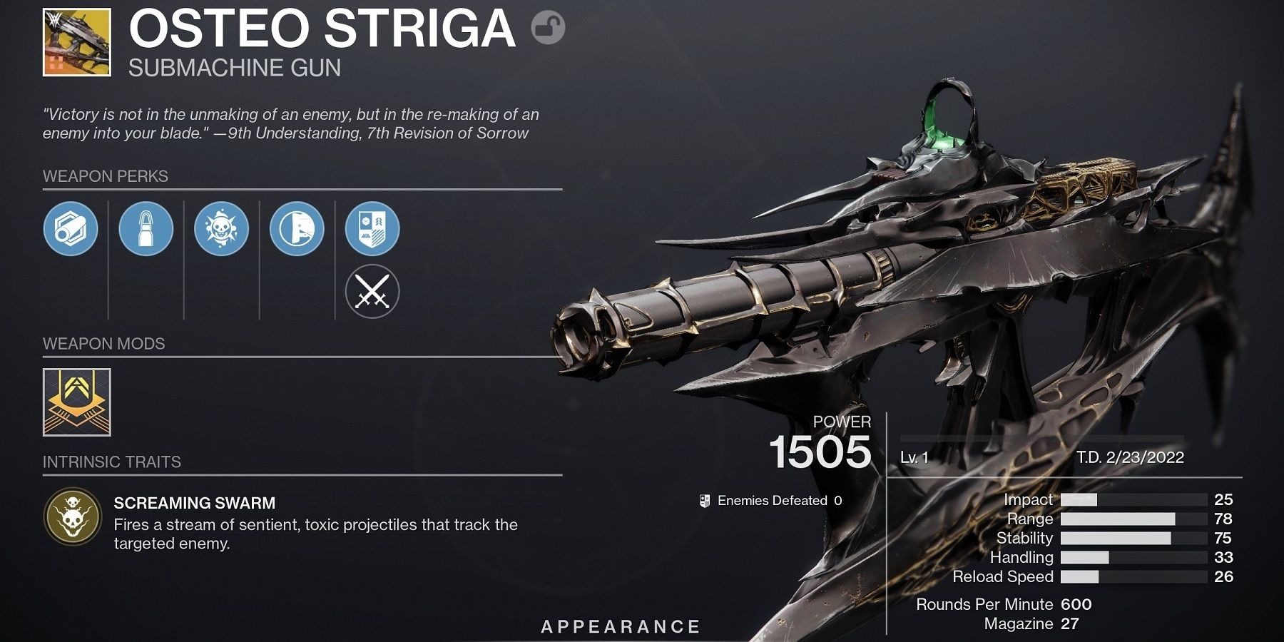 Destiny 2: A submetralhadora exótica Osteo Striga.