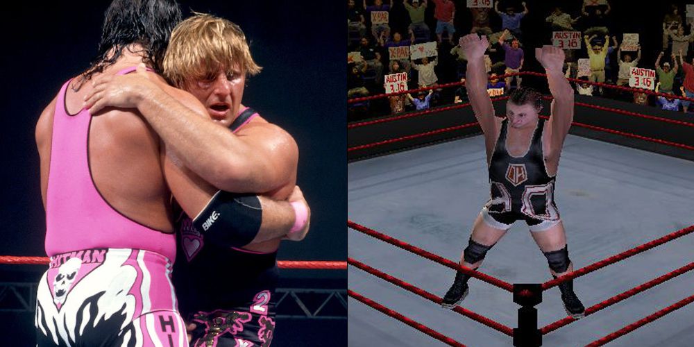 Uma imagem dividida de Owen e Bret Hart se abraçando e Owen comemorando em um jogo da WWE