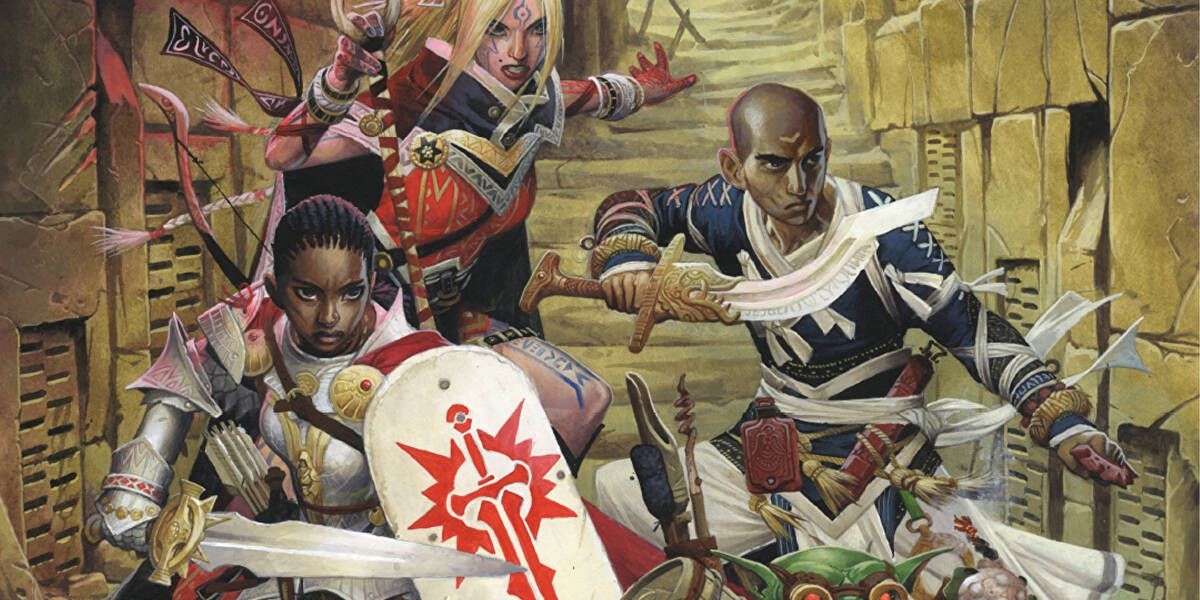 Três personagens do Pathfinder 2e estão em posições de combate