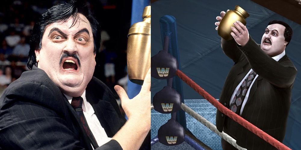 Uma imagem dividida de Paul Bearer da WWE no microfone e segurando uma urna no ar no jogo