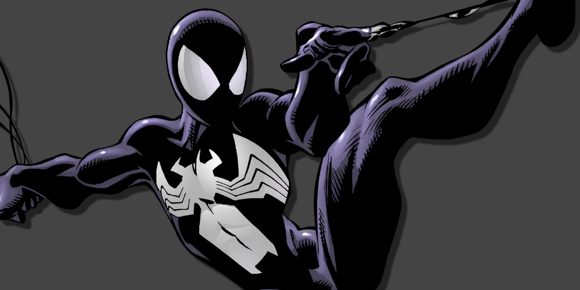 Peter Parker swinging in the Ultimate Symbiote Suit in Ultimate Spider-Man