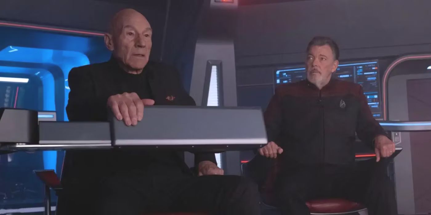 Picard S3E3 Picard and Riker sit on bridge with Riker looking off