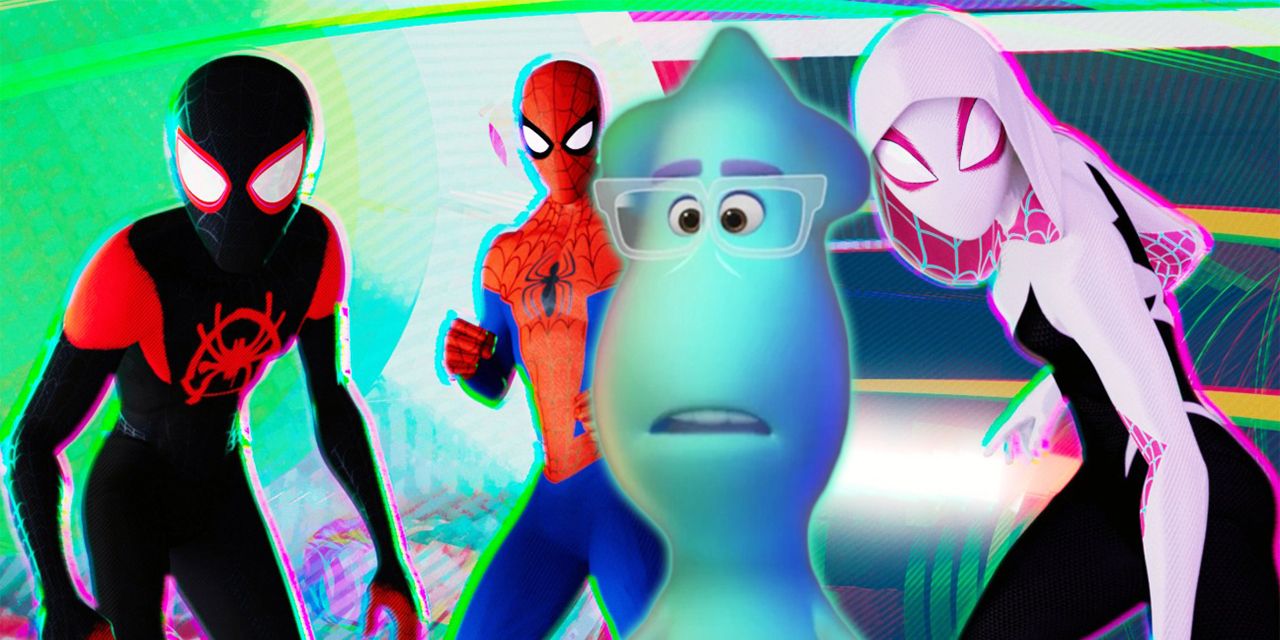 Ghost Joe from Soul looking concerned over image of Miles, Peter, and Gwen from Spider-Man Into the Spider-Verse
