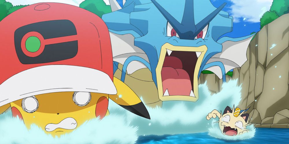 Pikachu and Meowth get chased by a Gyarados in Pokemon