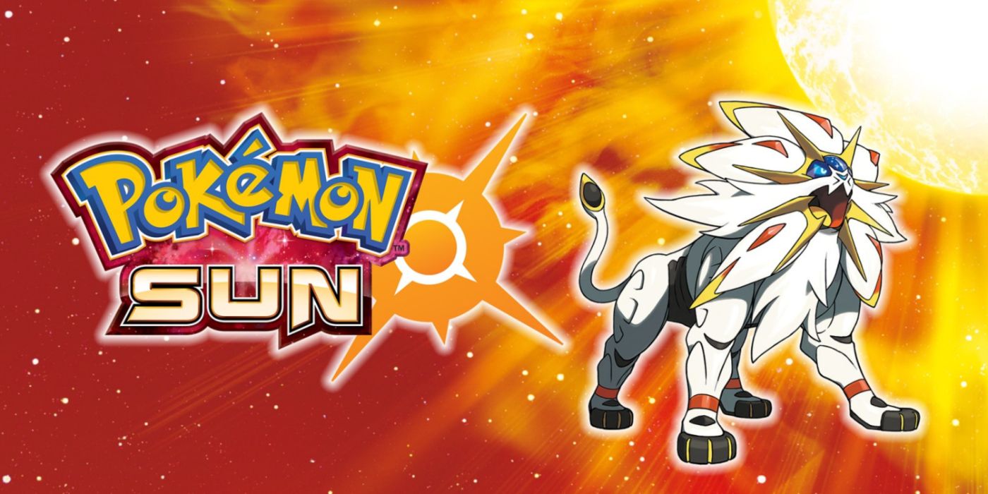 Arte principal do Pokémon Sun com o logotipo e a espécie lendária Solgaleo.