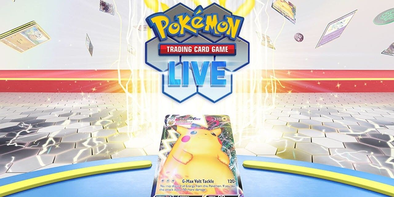 A promotional banner for Pokémon TCG Live featuring a Pikachu V Max Pokémon card