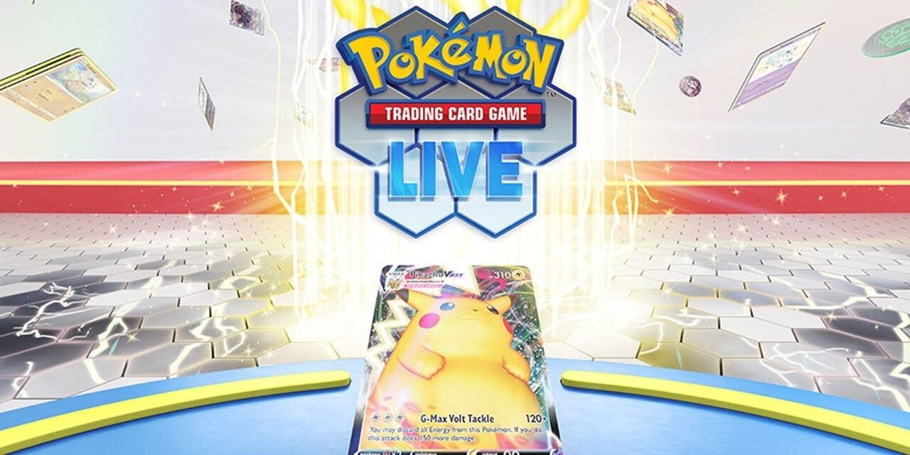 Um banner promocional para o Pokémon Estampas Ilustradas ao vivo com uma carta Pokémon Pikachu V Max