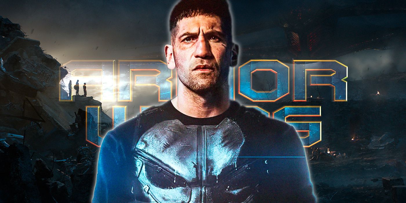 Punisher standing in front of a poster for Armor Wars 
