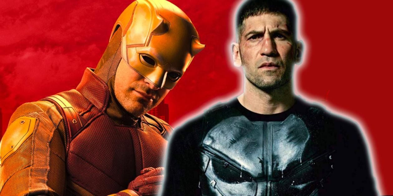 Daredevil from She-Hulk over red background with Jon Bernthal as Punisher