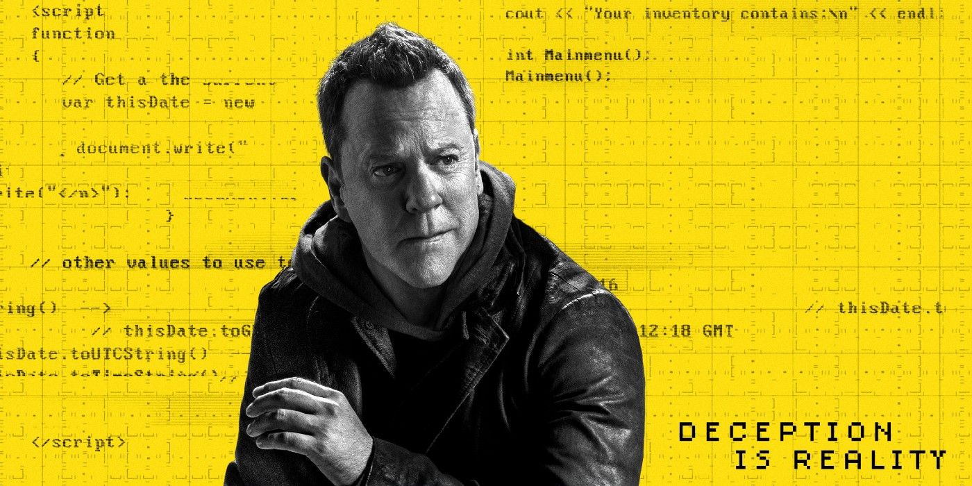 Yellow background with Kiefer Sutherland in a yellow jacket and black computer code written in the background