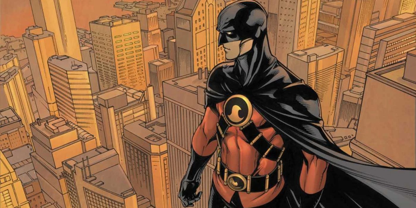 Red Robin wears Batman's cape and ear-less cowl in DC Comics