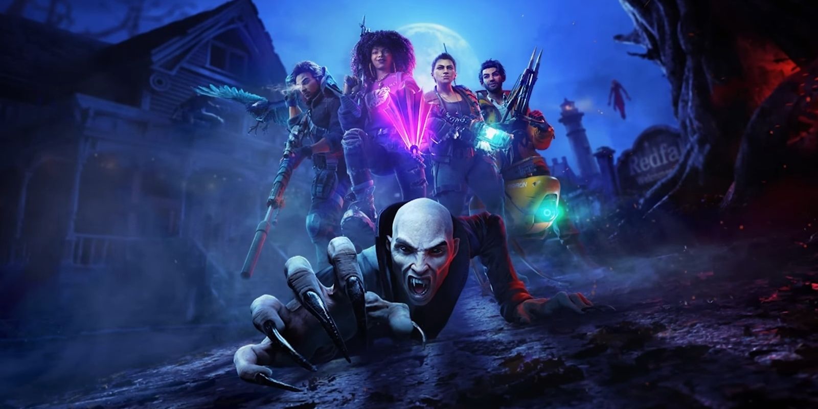 Redfall keyart featuring four characters and a vampire walking towards the viewer
