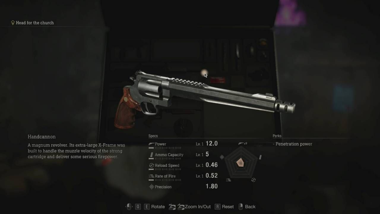 Tela de estatísticas do revólver Resident Evil 4 Handcannon