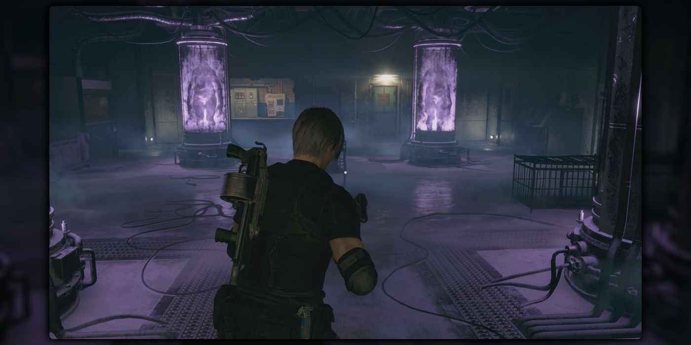 Leon Kennedy no Laboratório de Incubação no remake de Resident Evil 4.