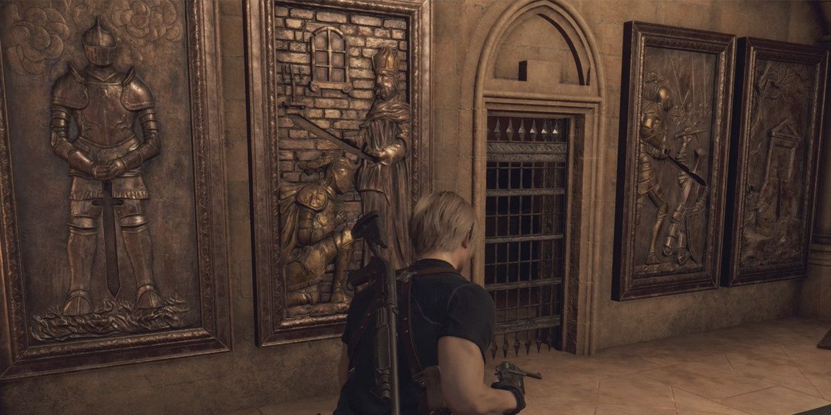 Leon walking past the Treasury Murals in RE4 remake